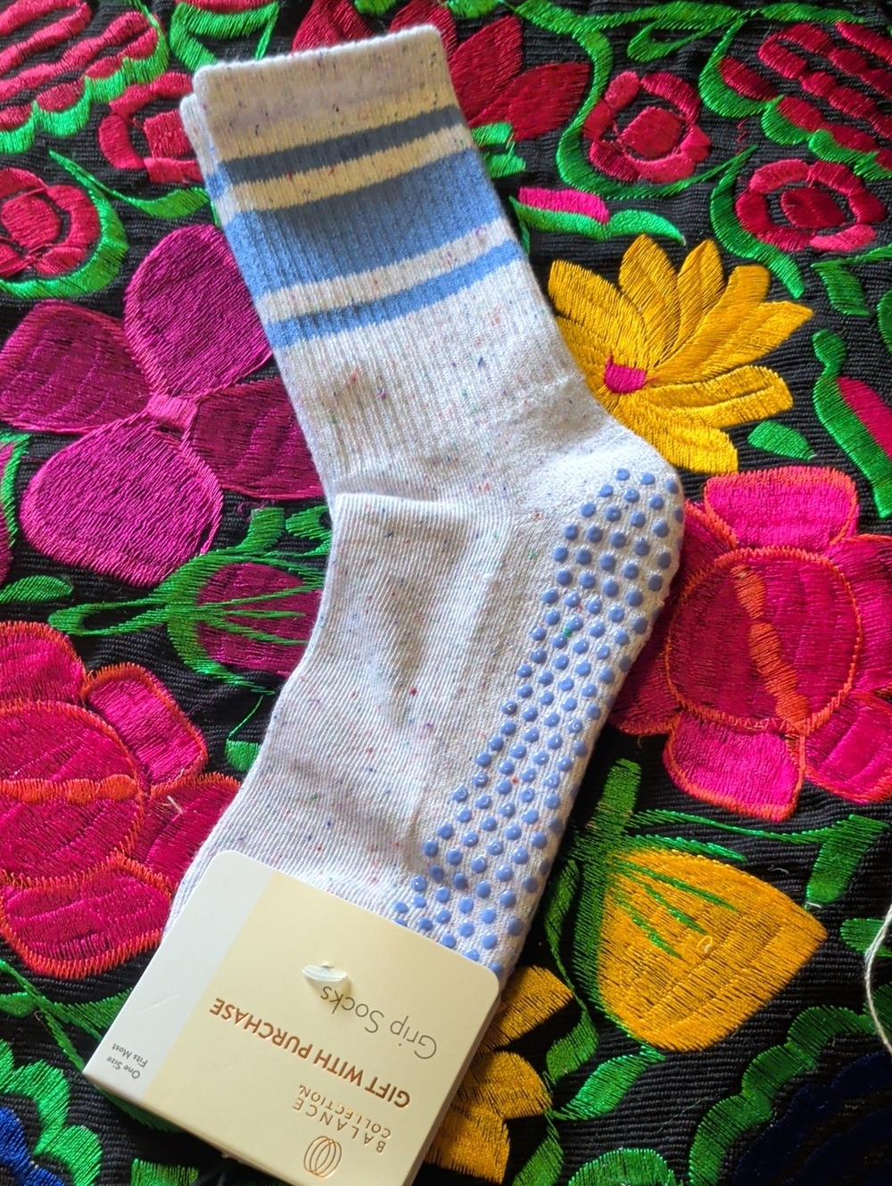 Balance Collection Non-Slip Crew Socks in Cream and Light Blue